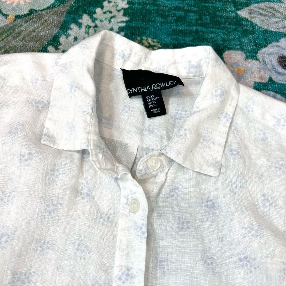 Cynthia Rowley White Linen Button down Shirt dainty Blue floral Print Top XS - Picture 12 of 14